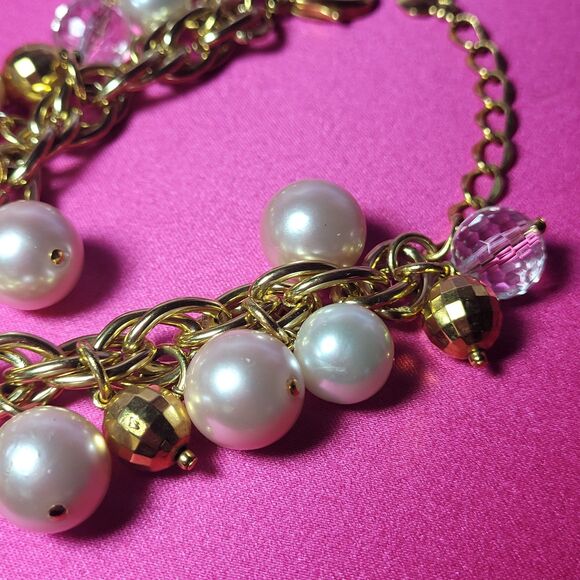 Glamorous Jane Acrylic Charm Bracelet Faux Gold Pearl Shell Boho Beach Jewelry - Picture 5 of 10